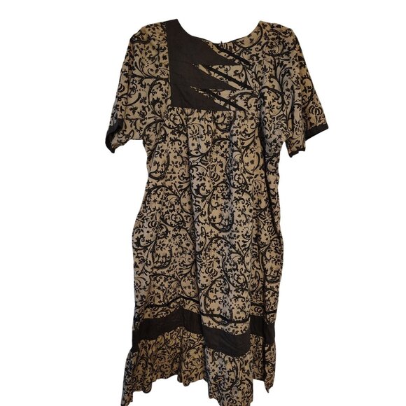 Vtg Carol Bennett Hawaii Dress Medium Large Muumuu Taupe Black Abstract Pasiley - Picture 1 of 4